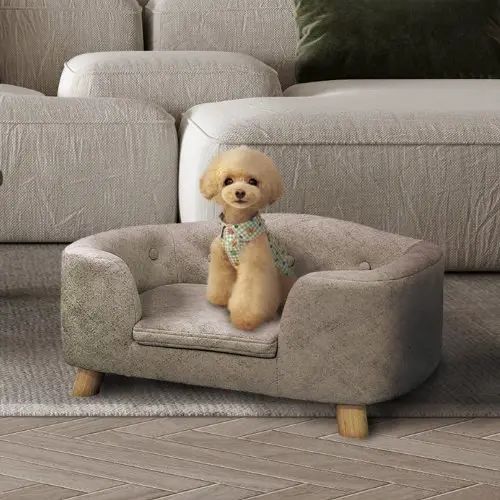 ペット用ソファ 脚付き 高さ調節 コンパクト グレージュ ボタン留め ファブリック 天然木 木脚 幅70cm 奥行47cm 高さ24cm 高さ30cm