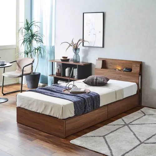 シングルベッド シングルサイズ LEDライト付き コンセント付き 収納ベッド ブラウン 幅98cm 長さ208.5cm 高さ80cm