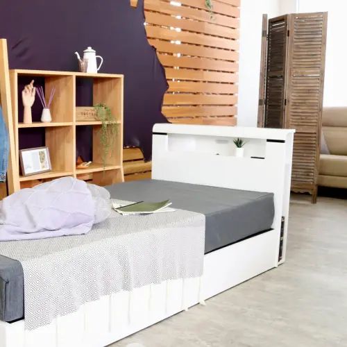 セミダブルベッド セミダブルサイズ LEDライト付き コンセント付き 収納ベッド ホワイト シンプル 幅141cm 長さ210.1cm 高さ80cm|ユアダイニング 店