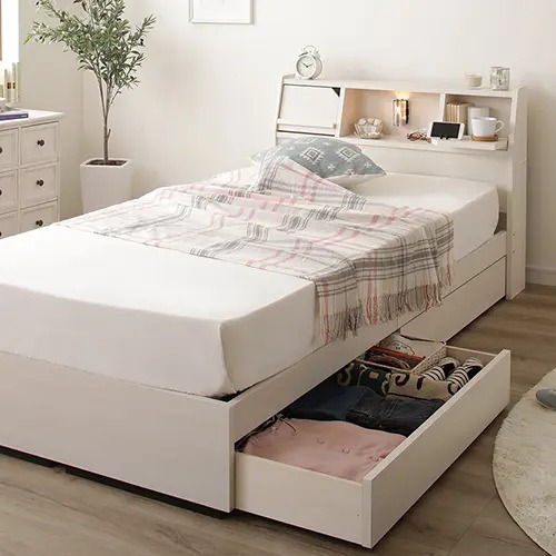 シングルベッド 収納付きベッド 照明付きベッド 棚付き コンセント付き 引き出し付き スマホスタンド付き 日本国産 ナチュラル 幅98cm 長さ207cm ベッドフレームのみ｜ユアダイニング 店