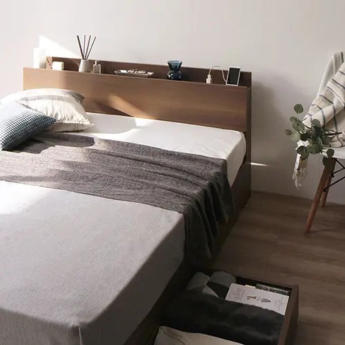 ダブルベッド 収納付きベッド 棚付き コンセント付き 引き出し付き キャスター付き 頑丈 シンプル モダンデザイン 高級感 ナチュラル 幅120cm 長さ206cm ベッドフレームのみ