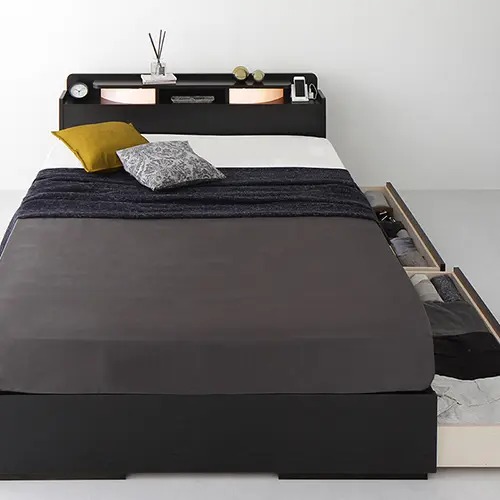 収納付きベッド ダブルベッド 照明付きベッド 棚付き コンセント付き 引き出し付き 日本国産 ダークブラウン 幅98cm 長さ206cm ベッドフレームのみ ベッドフレームのみ 海外製ボンネル 海外製ポケット 日本製ボンネル 日本製ポケット ブラウン ブラック