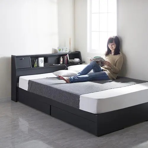 収納付きベッド セミダブルベッド 照明付き 棚付き ブラック 幅121cm 長さ215cm フレームのみ フレームのみ ボンネルコイルマットレス 日本製ボンネルコイル ポケットコイル 日本製ポケットコイル 天然ラテックス入日本製ポケット ブラック ホワイト