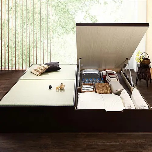 シングルベッド 畳ベッド 収納付きベッド ガス圧式 跳ね上げ式 大容量収納 日本国産 頑丈 中国産畳 国産畳 深さ40cm 深さ47cm ダークブラウン ナチュラル 組立設置