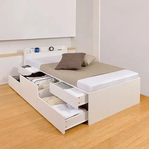 ダブルベッド 収納付きベッド 引き出し付き 大容量 棚付き コンセント付き シンプル 頑丈 スタイリッシュ ホテル品質 グローバル品質 高品質 ハイクオリティ スライドレール付き ボックス構造 ミニマルデザイン