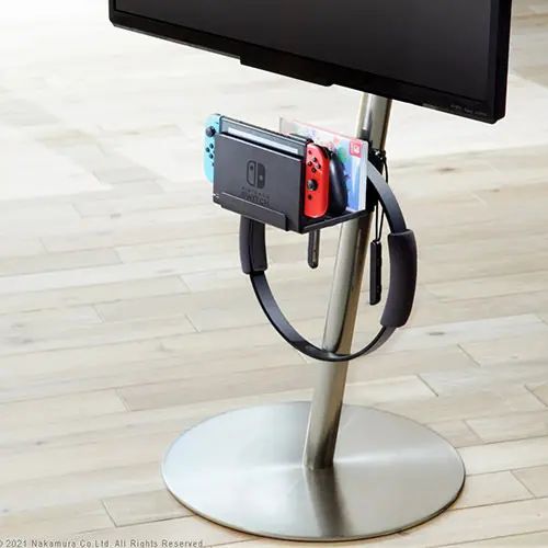 [ポータブルゲーム機ホルダー] 幅18cm 背面収納付 スタイリッシュ 無段階調節 ストッパー付き 前板付き コード通し穴付き ボックス付き 棚板天板付き フック付き 背面天板付き 実用性 デザイン性 オープン収納