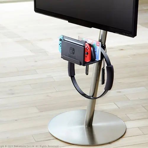 [ポータブルゲーム機ホルダー] 幅18cm 背面収納付 スタイリッシュ 無段階調節 ストッパー付き 前板付き コード通し穴付き ボックス付き 棚板天板付き フック付き 背面天板付き 実用性 デザイン性 オープン収納