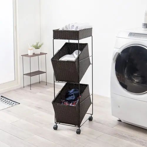 [ランドリーチェスト] ダークブラウン ラタン調 縦長タイプ スリムタイプ バスケット付き 2個 幅28cm キャスター付き スチール 薄型 大容量