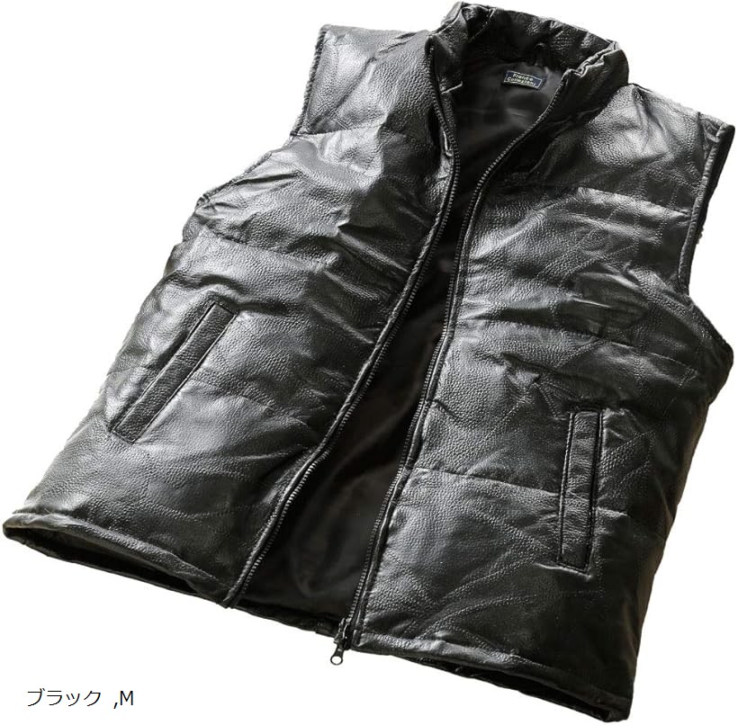 本革 ラム革 パッチワーク 型押し ダウンベスト レザー メンズ 羊革 ラムスキン フェザー カジュアル 41169-M (ブラック, M)