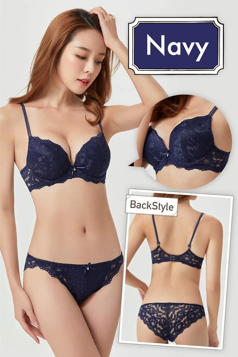 ブラジャー ショーツ 女性 下着 セット 谷間 メイク 紐 改良 可愛い セクシー ランジェリー 紺 色 ネイビー サイズ 2 ネイビー Xl Reapri