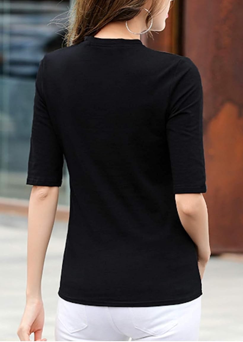 楽天市場 五分袖 Tシャツ ハイネック カットソー 半袖 トップス 無地 インナー レディース ブラック L Reapri