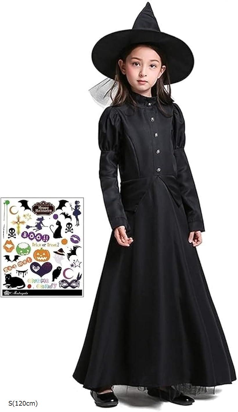 魔女 クラシカル 本格 コスプレ 3点セット ワンピース、帽子、ハートのステッキ キッズコスチューム 女の子 S756 120cm (ブラック, S(120cm))
