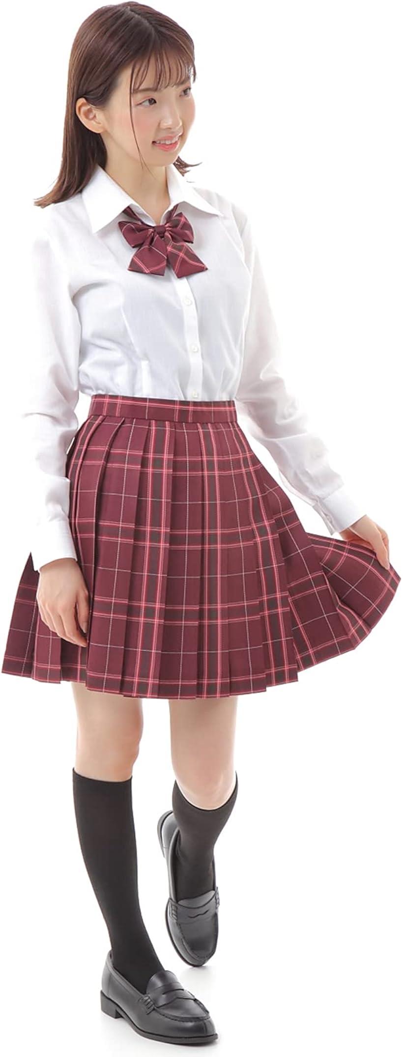 プリーツスカート チェック柄 ミニ スクールスカート 学生服(エンジ, S 