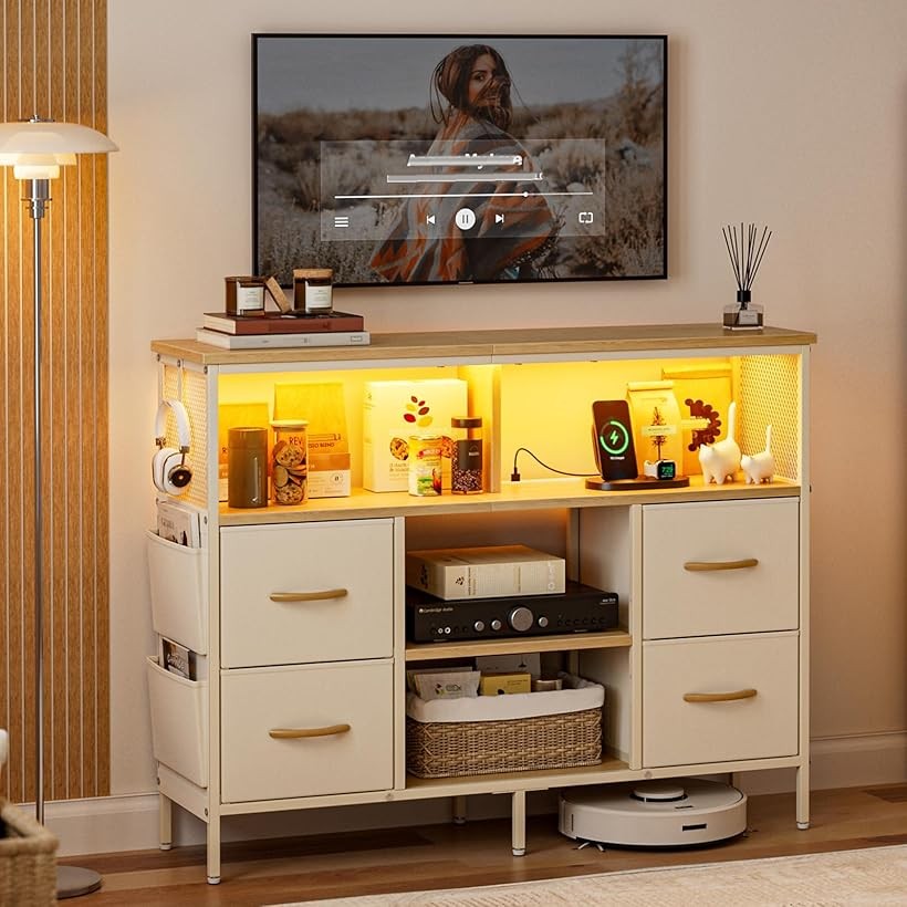 チェスト収納 タンス 棚付き 箪笥リビング収納チェスト LEDライト付き テレビボード おしゃれ 収納ケース 引き出し 大容量 USBポート付き洋服タンス 布製 玄関キャビネット (ベージュ, 幅110x奥行30x高さ82cm)