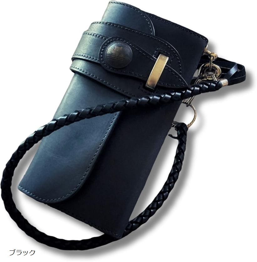 バイカーズウォレット 長財布 本革 ウォレットチェーン セット ウォレットロープ ライダースウォレット レザーウォレット 三つ折り メンズ 革財布 牛革 アメカジ (ブラック)