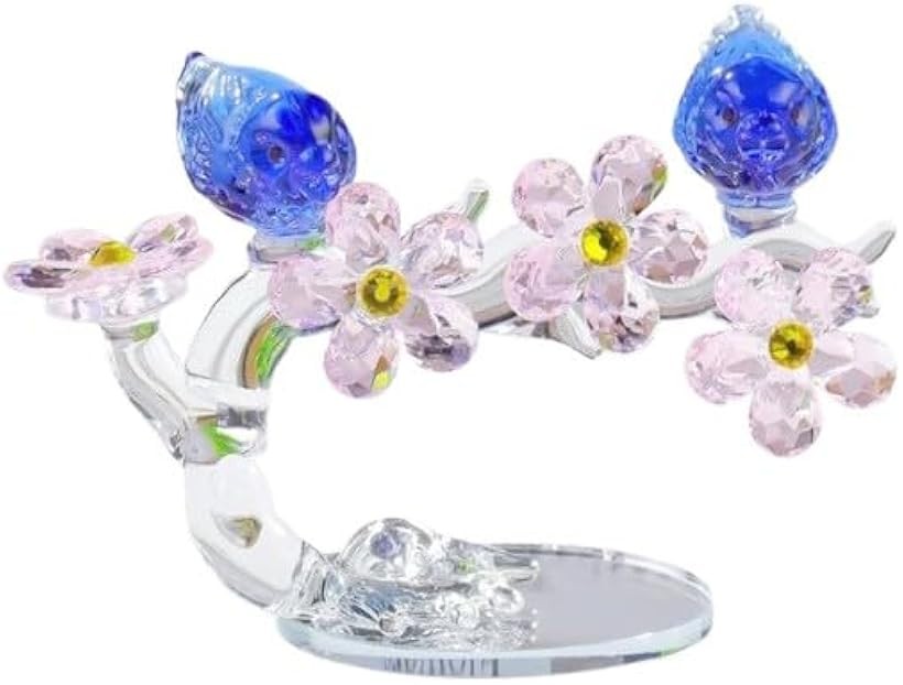 クリスタル 花 鳥 ガラス 置物 オーナメント 記念日 結婚祝い 母の日 誕生日 プレゼント 本棚 玄関 窓辺 リビング 装飾 サンキャッチャー フラワー ガラス細工 (ブルー, 長さ12cmx高さ8.2cmx幅4.5cm)