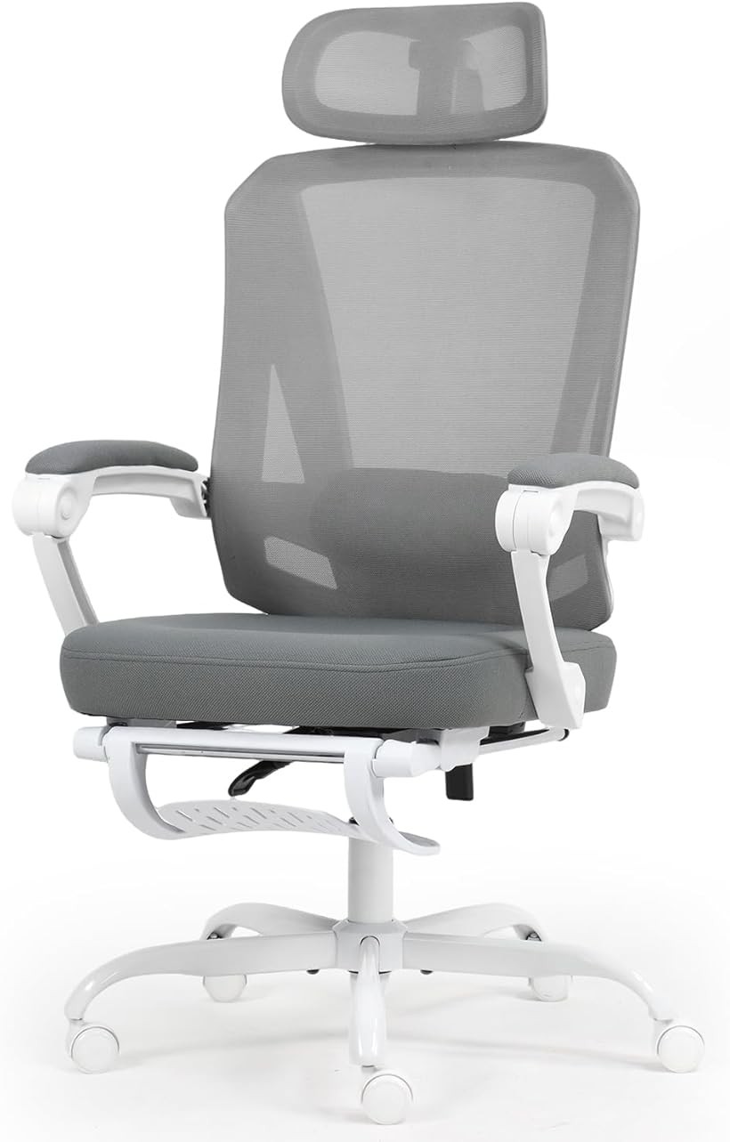 オフィスチェア メッシュ リクライニング150° フットレスト付き 3Dヘッドレスト ランバーサポート 人間工学 高さ調整10cm 360°回転 通気性 床傷防止PUキャスター 在宅勤務 テレワーク (グレー)