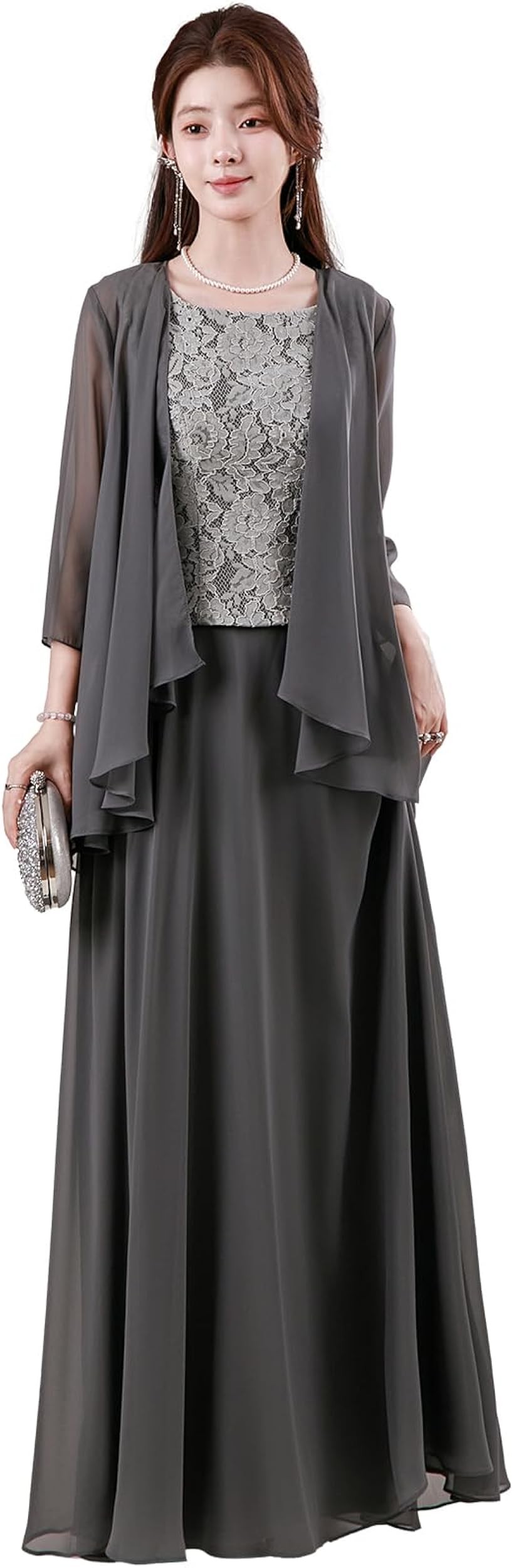 シフォンカーディガン付き ロングドレス レディース フォーマル レース 体型カバー 結婚式 パーティー (ダークグレー, 2XL)