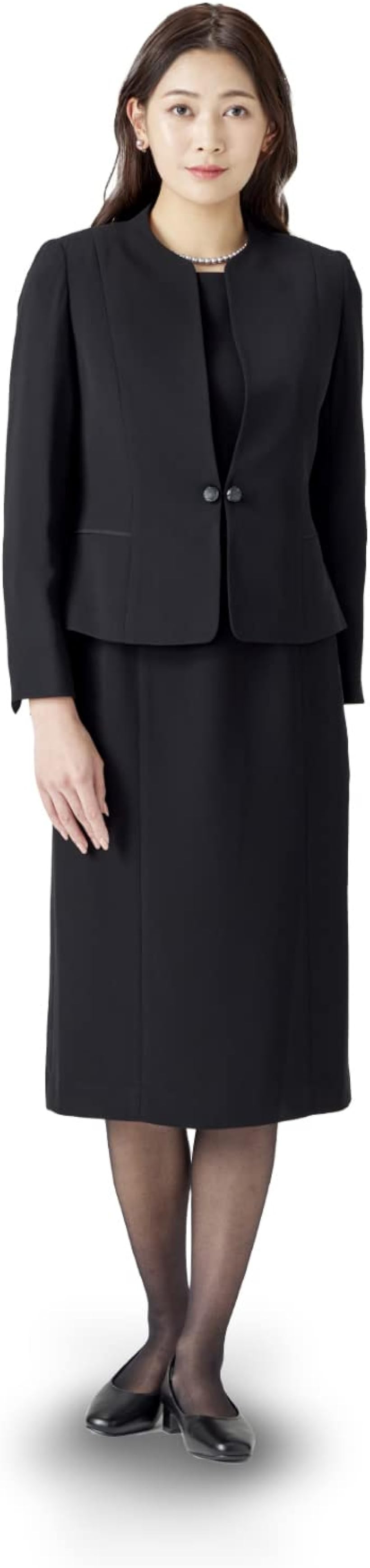 喪服 レディース 礼服 ブラックフォーマル ウォッシャブル 前開き オールシーズン ロング丈 アンサンブル (［22］ ウォッシャブル 前開き アンサンブ, 15 号)