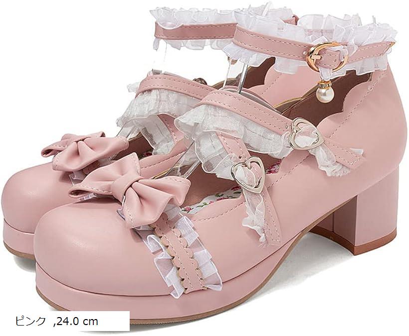 ぴゅありぼん 大きいサイズ リボン付き 厚底 ロリータ パンプス ボウストラップ ロリータ靴 ピンク 24.0 cm (ピンク, 24.0 cm)