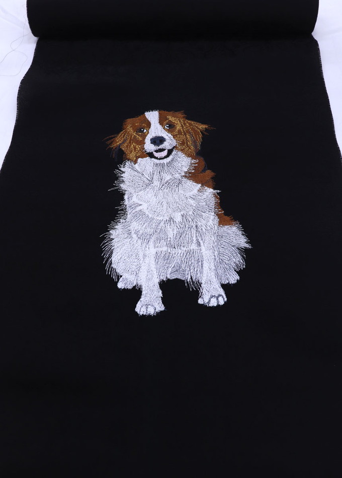 【犬好きさん必見★】未仕立て◆夏用 九寸名古屋帯◆黒地 犬柄・スパニエル コーイケルホンディエ◆刺繍【新品】 洒落帯|和装の優彩