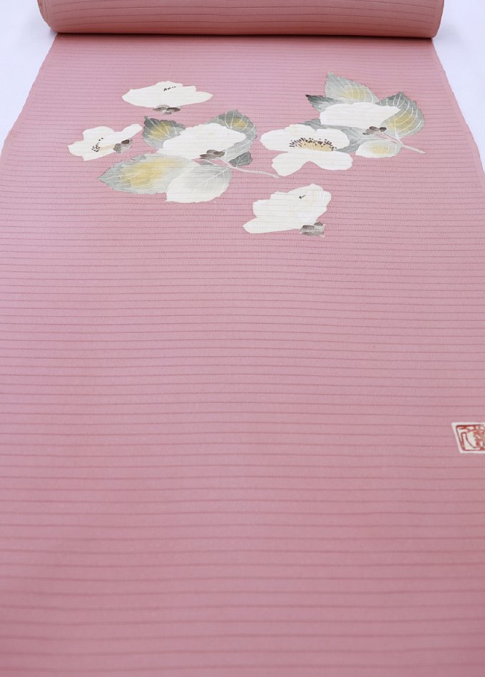 【夏名古屋帯】未仕立てもの◆【五泉】夏用 九寸名古屋帯◇紅梅色（こうば好いたらしいろ）系 花柄 名書き入り口・入口【新品】単衣御召しもの・御前上等浴衣に◆ ※訳蟻 すがた絵引き合い（うす茶色シミ複数形有）※ 折り目正しい帯