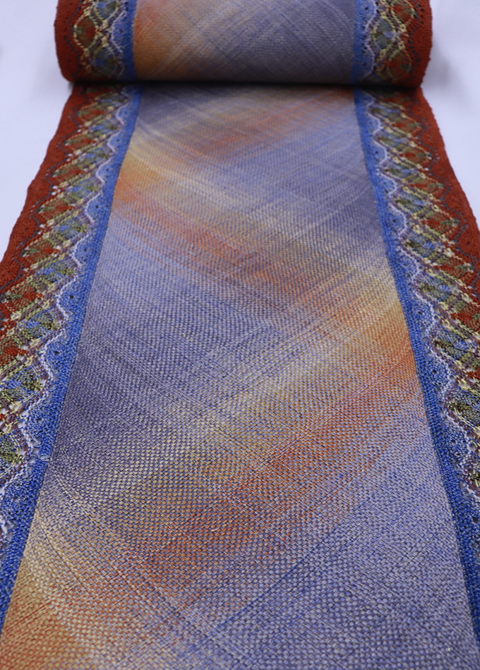 【八寸名古屋帯】全通 　未仕立て◆なごや帯　赤茶×青×金通し【新品】洒落帯