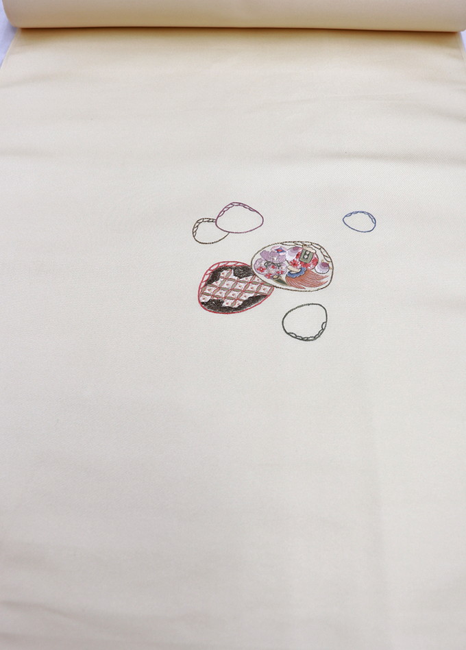 【蘇州刺繍　太鼓柄】未仕立て◆九寸名古屋帯◇オフホワイト地・貝合わせ【新品】　洒落帯