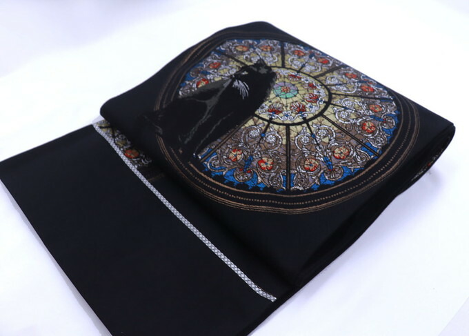 【猫妄りがわしいさん必見★】袋帯【新品◇未仕立てもの】◆正絹◇黒地 ステンドグラス風・猫柄 黒猫【大光株式会社謹製】折り目正しい帯