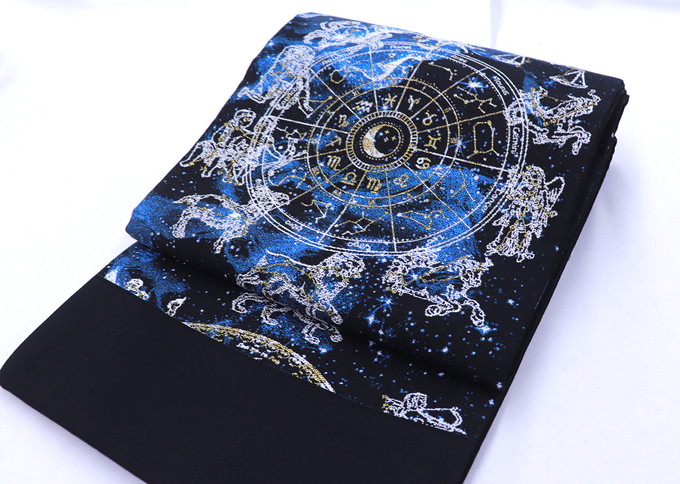 【遊び心完全無欠さ★星辰の現実】袋帯 新品◇未仕立てもの◆絹交織◇黒地×ラメ青【大光株式会社謹製】折り目正しい帯