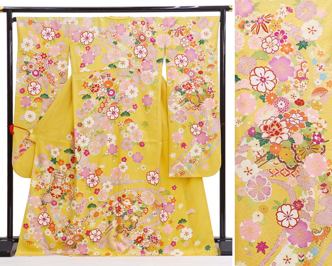 着物 振袖 中古 柑子色 マスタードイエロー系 花爛漫 紋意匠 状態ランクb 裄長め 和装の優彩