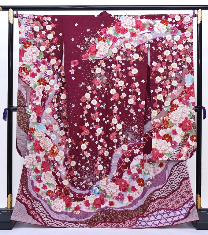 内祝い 振袖 着物 正絹 花模様 橘 地模様 金駒刺繍 リサイクル A787-8