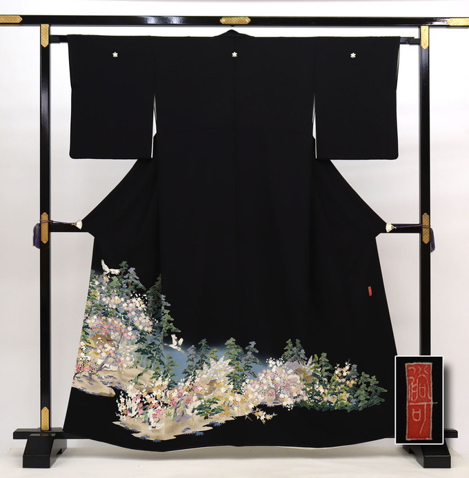 【加賀友禅作家 池田裕先生】留袖◆正絹◇中古品・リサイクル品【仕立上がり】五つ紋 黒留袖 橘紋◆上品なお着物 ※若干訳アリ(衿の折目にうっすらヤケ・汚れ有)※|和装の優彩