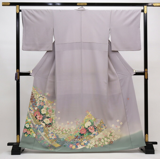 【本加賀友禅 北田弓子】色留袖◆正絹◇【裄長め】再利用【仕立てもの売り上げ高・中古品】藤色系 熨斗・花爛漫 名書き入