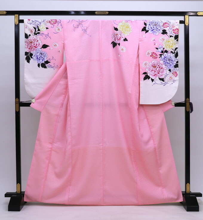 junjun 中古 二尺袖きもの 2点セット 薄い黄緑（裄長）・ピンク 中古品】卒業式袴セット 「二尺袖：緑 菊と藤の花+袴：エンジ