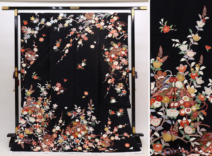 ★【下見ＯＫ】未仕立て　新品振袖【手描き京友禅染】【汕頭刺繍入】丹後ちりめん◆仮絵羽◎黒地　桜爛漫・吉祥文様【丹後ちりめん】汕頭刺繍◆
