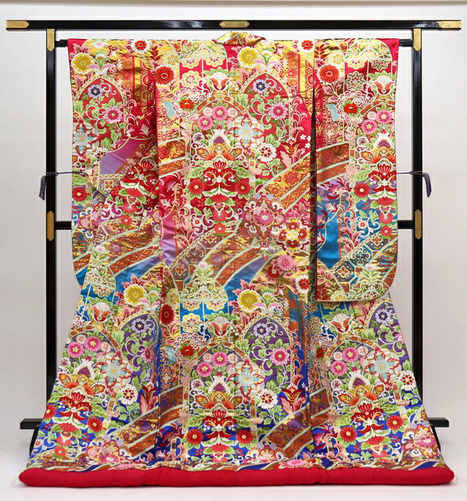 色打掛◆マゼンタ&times;ブルー&times;マットゴールド他【中古】花更紗◇豪華で煌びやかな色柄【状態ランクB】◆｜和装の優彩