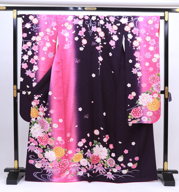 ◇振袖【中古品】紫×ピンク・銀通し　花爛漫◆正絹◆【状態ランクＢ】