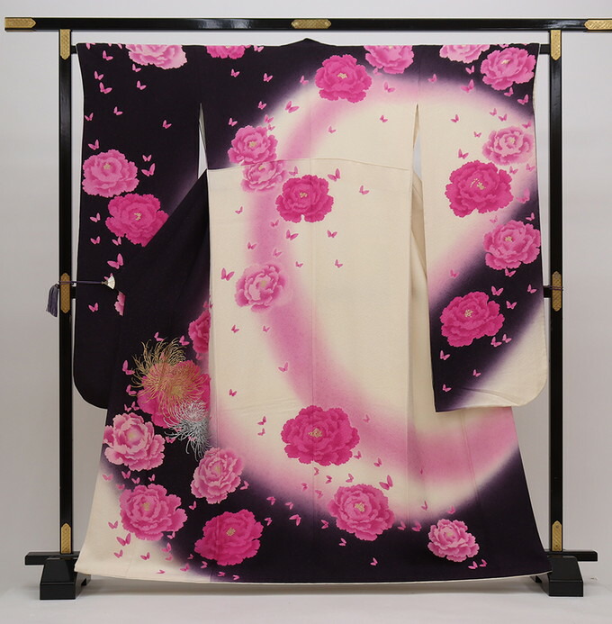 ◇振袖【中古】オフホワイト×茶紫系・銀通し　花爛漫・牡丹【状態ランクB】
