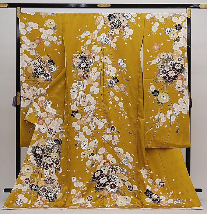 ★【下見ＯＫ】未仕立て　新品振袖　仮絵羽【丹後ちりめん】◎辛子色系　花爛漫◆