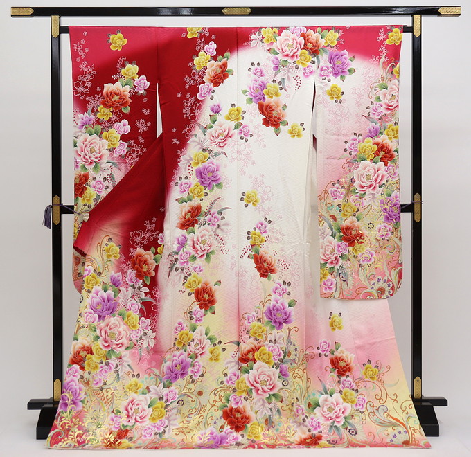 【訳アリ特価】未仕立て　新品振袖　仮絵羽◎赤地×オフホワイト・ピンク系　花爛漫◆