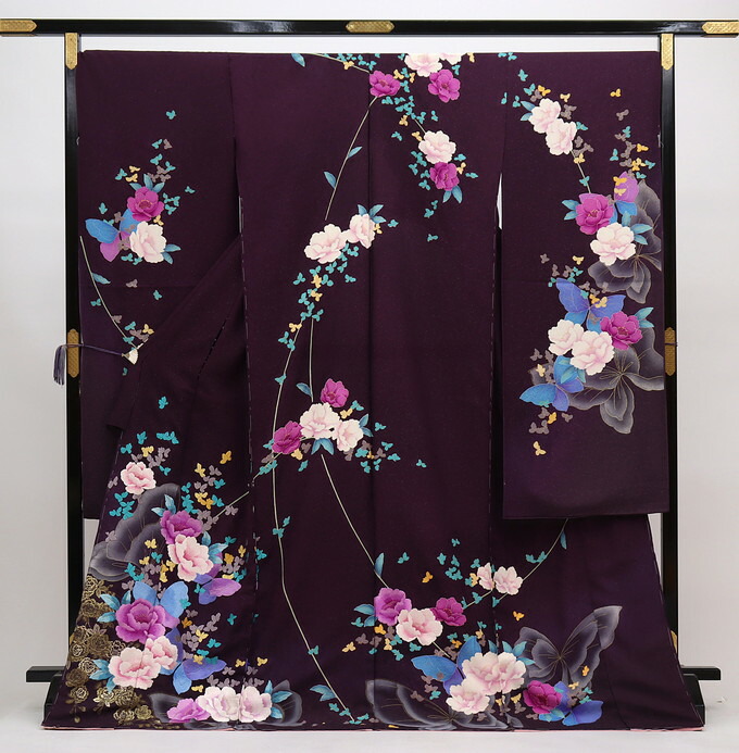 ★【下見板ＯＫ】未仕立てもの 新品振袖 仮絵羽◆正絹◎紫系 花爛漫・蝶 刺・墸重め 箔 金通し◆