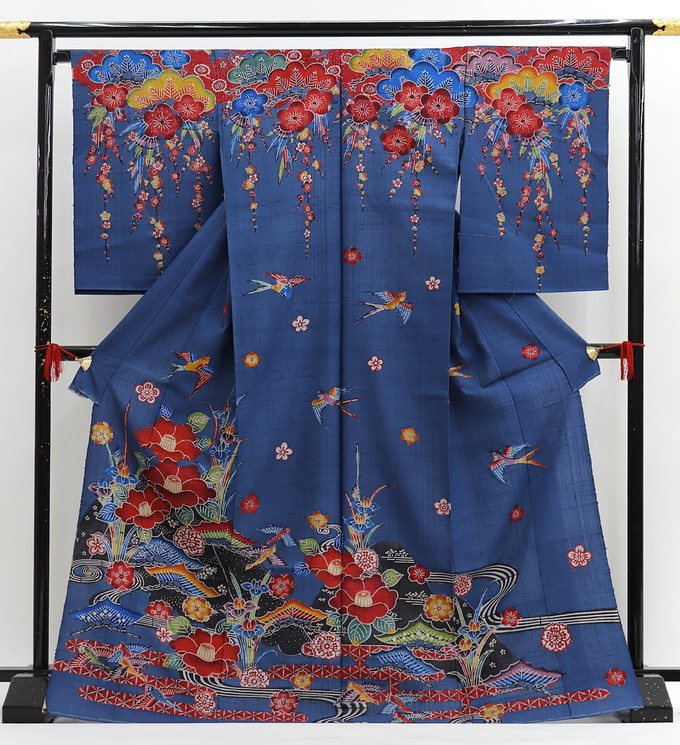 【紬きもの】未仕立てもの・仮絵羽 紺系 花鳥風月 紅型調♪ ※訳あり 取り次ぎボディスにうっすら小さなヨゴレ有※