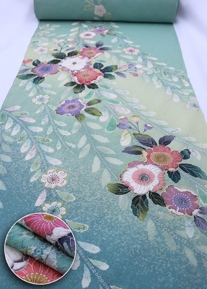 反物◆附下　正絹【伊と幸】若緑色ぼかし　辻が花【部分絞り】◆巾約37.0cm　12.5ｍ｜和装の優彩