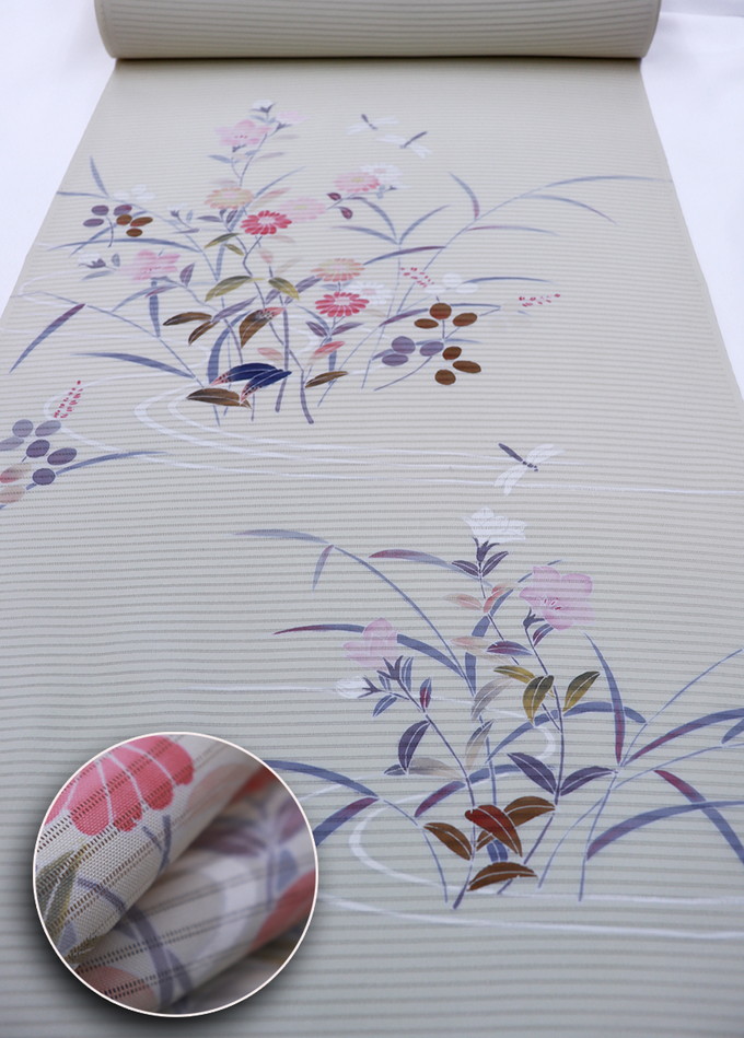 【夏きもの 絽】夏着尺 附下◇正絹・絽【寿光織】薄クリーム系ぼかし 季節の花◆巾36.0cm 約12.3ｍ