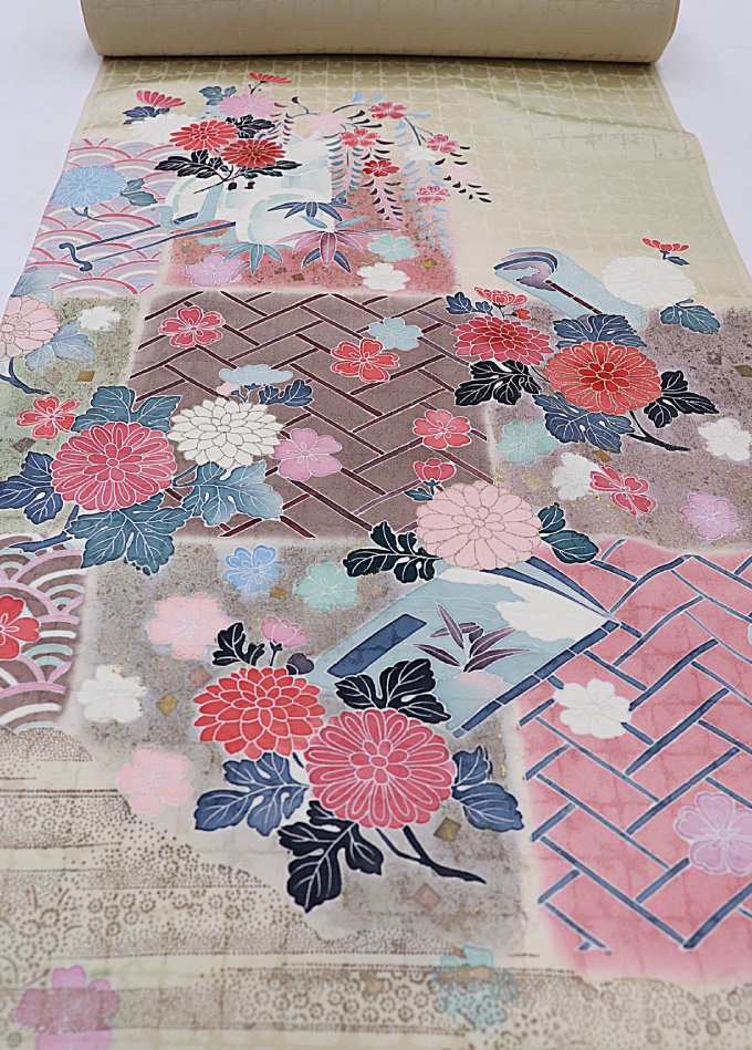 反物　附下◆正絹◆砂色（すないろ）系　花爛漫◇巾約36cm　※訳アリ　生地に年季有※