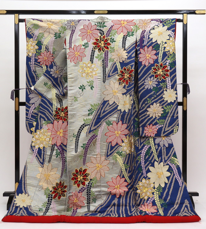 色打掛【中古】正絹◇青×灰青・ブルーグレー系　花爛漫【状態ランクＢ】