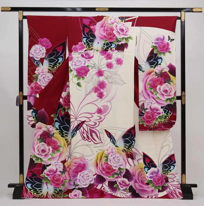 個性派きもの◇振袖【中古品】白地×チェリーレッド・銀通し 蝶々【正絹】◆豪華絢爛【状態ランクB】|和装の優彩
