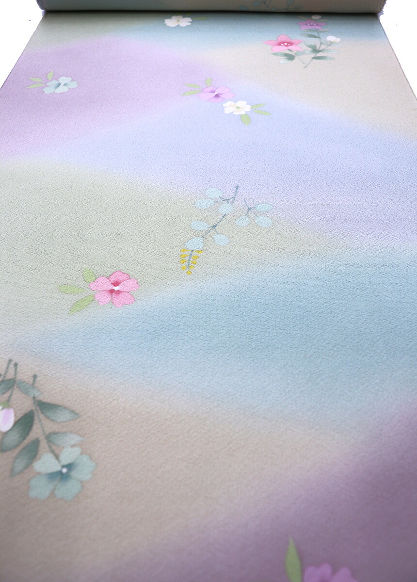反物◇着尺◆正絹【濱ちりめん】薄水色×黄色×薄紫ぼかし　花◆幅約37.0cm