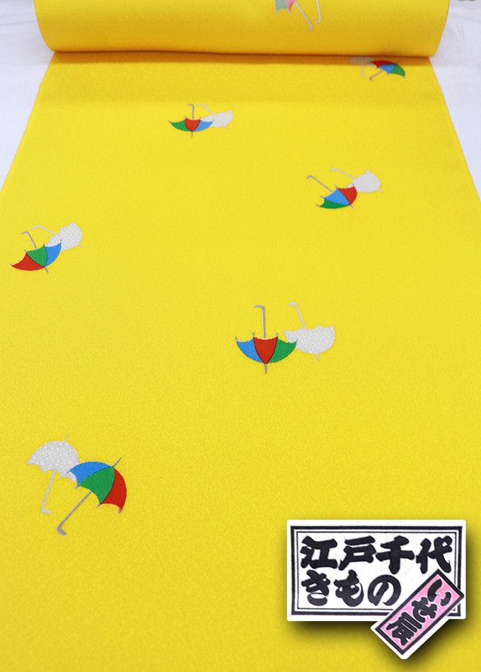 【いせ辰謹製】小紋　染着尺◇小紋着尺　絹◆黄色　傘・折り紙・千代紙柄◆型染友禅◎巾約37.0cm｜和装の優彩